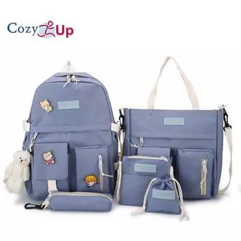 Рюкзак женский студенческий рюкзак, комплект из 5 предметов, контрастный цвет, холст, кампус, школьная сумка для школьников средней школы синий