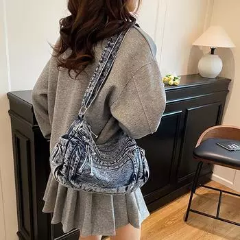 Рюкзак женский в стиле ретро из денима на одно плечо, дорожная сумка через плечо Grand чёрный