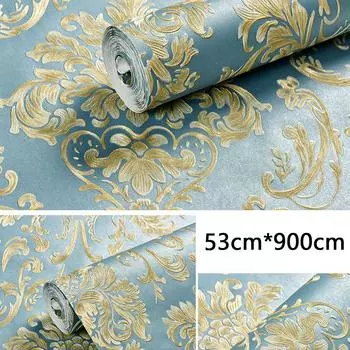 Рулон синих несамоклеящихся утолщенных европейских роскошных флизелиновых обоев с жемчужным базовым слоем с узором «дамаск». Pack of 1