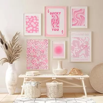 Румяно-розовый холст, картина, эстетический постер, милый модный ванильный смайлик для девочек, сердечная волна, удача, принт, настенное искусство, декор в консервативном стиле 21x30cm No Framed