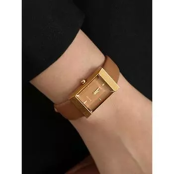 RUMTTON Женские дизайнерские часы с кожаным ремешком Grid Tan Gold