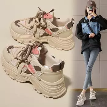 Running shoes breathable annual feet Putian new soft sole spring and summer new sports dad shoes female feeling small size fashion shoes Select yardage shot хаки