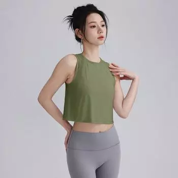 Running Sports Vest Women Loose Cover up Slimming Fitness Top Training Wear Yoga Short Waist-Exposed Quick-Drying Breathable Ink jade green S