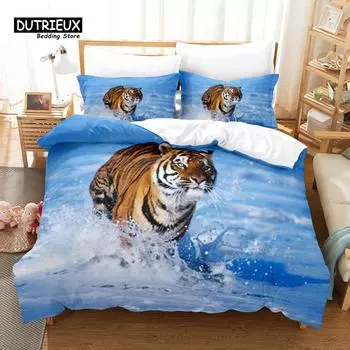 Running Tiger Bedding Set, 3Pcs Duvet Cover Set, Soft Comfortable Breathable Duvet Cover, For Bedroom Guest Room Decor EU single(135x200cm)