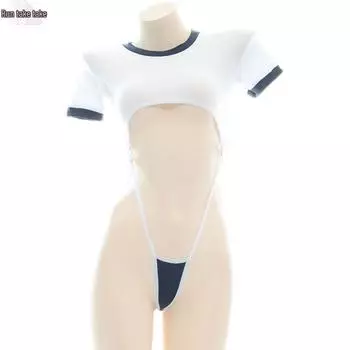 Runququ Купальник гимнастический японский школьный с высоким вырезом, шнуровкой и стрингами, кружевное нижнее белье, домашняя одежда 6902 One Size