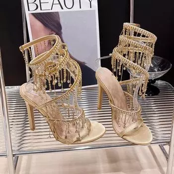 Runway style Bling Bling Crystal Tassels Snake Coiled Women Sandals Sexy Stiletto High heels Summer Fashion Party Prom Shoes 36