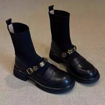 Ruodan~ академический стиль круглые тонкие сапоги женские носки сапоги осень и зима высокие мокасины на толстой подошве короткие сапоги эластичные сапоги 35 чёрный