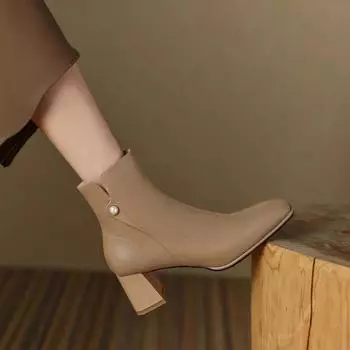 Универсальные женские ботинки Ruodan, остроносые полусапожки, флисовые зимние ботинки на весну и осень, короткие ботинки на высоком каблуке с грубым каблуком 35 абрикосовый