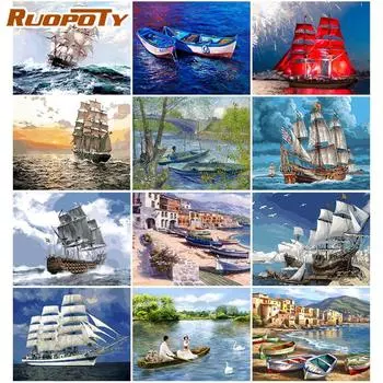 Ruopoty Безрамная картина «Корабли на море» DIY Наборы для рисования по номерам Раскраска по номерам Ручная роспись Домашний декор Настенные работы 40x50CM NO Frame