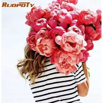 RUOPOTY Безрамная картина по номерам, цветы и девушка, холст, картина, ручная роспись, картина по номерам, домашнее настенное ремесло