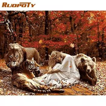 Ruopoty безрамная картина с изображением девочек и животных, сделай сам, картина по номерам на холсте, картина для взрослых, настенный художественный декор 40x50CM NO Frame