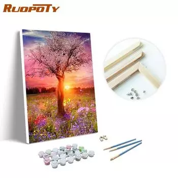 Ruopoty цифровая картина «сделай сам» дерево пейзаж на холсте уникальный подарок настенное искусство цифровая раскраска гостиная закат 40x50cm no frame