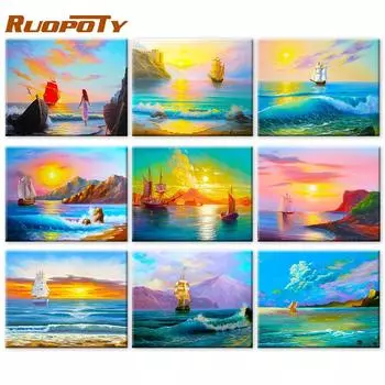 RUOPOTY цифровая живопись закат пейзаж холст ручная роспись искусство украшение дома подарок картина цифровой набор морских пейзажей 40x50cm NO Frame