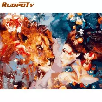 RUOPOTY Девушка и красочная фигурка льва Наборы для рисования по номерам в рамке 60x75 см DIY масляные краски Раскраска на холсте Домашний декор Искусство 40x50CM NO Frame