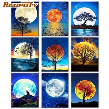 RUOPOTY DIY картина маслом по номерам лунный пейзаж акрил на холсте настенная картина по номерам дерево для гостиной 40x50cm NO Frame