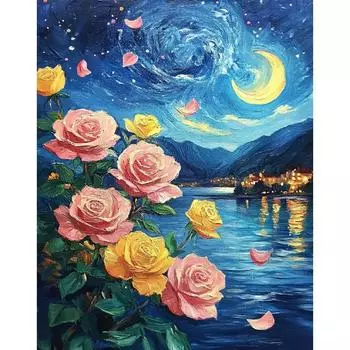 RUOPOTY Наборы для самостоятельной раскраски по номерам Лунный ночной пейзаж Рисование по номерам для взрослых Цветы Подарок своими руками 40x50cm NO Frame