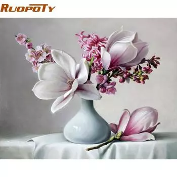 RUOPOTY Diy рамка акриловая краска цветок магнолии DIY картина по номерам современная настенная художественная картина уникальный подарок для домашнего декора искусство 40x50CM NO Frame