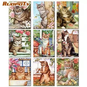 RUOPOTY DIY рамка раскраска по номерам кошка животное уникальный подарок акрил на холсте картина по номерам дерево для гостиной 40x50cm NO Frame