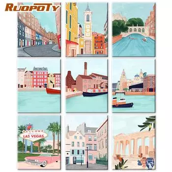 RUOPOTY Картина маслом по номерам Пейзаж Настенное искусство на холсте Рисунок Уникальный подарок Картина по номерам Город для гостиной 40x50cm NO Frame