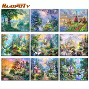 RUOPOTY картина маслом по номерам пейзаж с озером ручная роспись уникальные подарочные картины по номерам павильон весна для взрослых домашний декор 40x50cm NO Frame