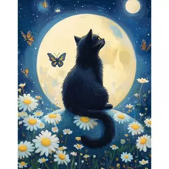 RUOPOTY Картина маслом по номерам Под луной Черный кот Ручная роспись Картина по номерам Акриловый набор Ручная работа Подарок Домашний декор 40x50cm NO Frame
