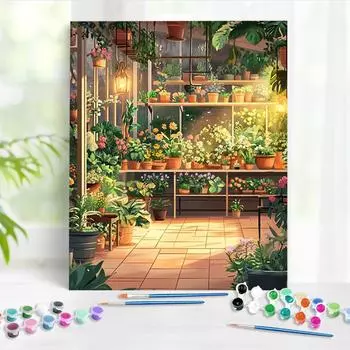 RUOPOTY Картина по номерам Цветочный домик Зеленые растения Картины акриловыми красками Картина маслом на холсте Картина Дом Домашний декор 40x50cm NO Frame