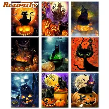 Ruopoty картина по номерам кошка животные DIY рамка акриловая ручная роспись рисунок на холсте осень тыква подарок украшение дома 40x50cm NO Frame