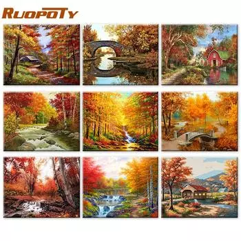 RUOPOTY Картина по номерам Осенняя настенная живопись DIY Рамка Уникальный подарок Ручная роспись маслом по номерам Дерево Пейзаж для гостиной 40x50cm NO Frame