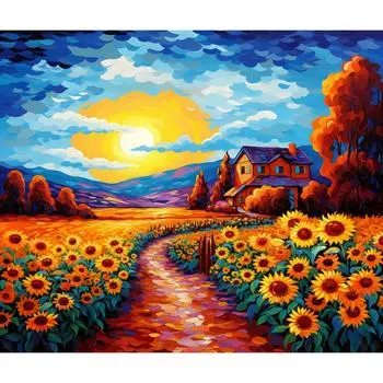 RUOPOTY Картина по номерам Подсолнухи и солнце Пейзаж Картинки по номерам для взрослых Diy Room Wall Art Украшения дома 40 50 см 40x50cm NO Frame