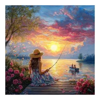 RUOPOTY Картина по номерам Рыбалка Закат Рисунок на холсте Картина Расписанная вручную Поделки для взрослых Украшение дома 40x40cm NO Frame