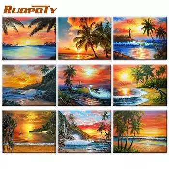 RUOPOTY картина по номерам закат пейзаж рисунок на холсте ручная роспись искусство домашний декор подарок картина по номерам наборы для морского пляжа 40x50cm NO Frame