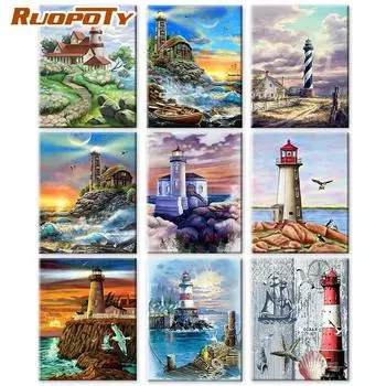Ruopoty краска по номерам башня пейзаж настенное искусство уникальный подарок акриловый домашний декор ручная роспись раскраска морской для гостиной 40x50cm NO Frame