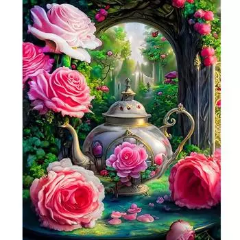 RUOPOTY Краска по номерам для взрослых, набор цветов и чайников для рисования по номерам на холсте, акриловые краски, домашний декор стен 40x50 см 40x50cm NO Frame