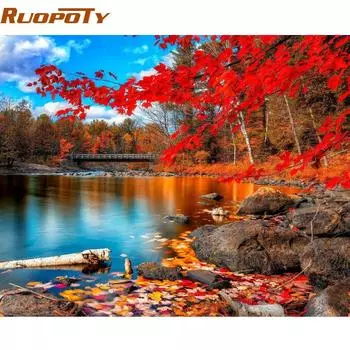 RUOPOTY Красный лес DIY картина по номерам Современная домашняя настенная живопись акриловая краска на холсте ручная роспись маслом для домашнего декора 40x50CM NO Frame