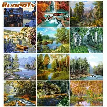 Ruopoty Mountain River Diy Картина по номерам Kit Modern Wall Art Пейзаж Акриловая краска для домашнего декора Произведение искусства 40x50CM Бескаркасное