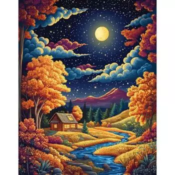 RUOPOTY Набор для самостоятельной раскраски по номерам для взрослых Деревенская ночная картина на холсте Пейзаж Раскраска по номерам Изделия ручной работы для домашнего декора стен 40x50cm NO Frame