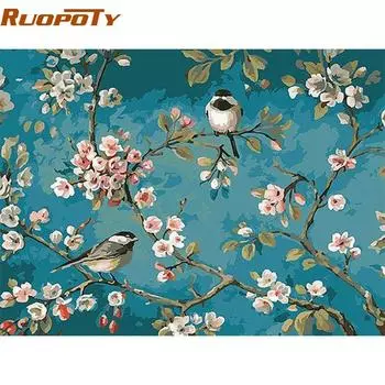 RUOPOTY наборы для рисования по номерам с птицами и цветами, рисунок на холсте, домашний настенный художественный декор, ручная роспись, картина для произведения искусства 40x50CM NO Frame