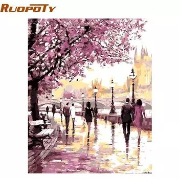 RUOPOTY Рамка Cherry Blossoms Road Diy картина маслом по номерам, наборы, настенная художественная картина, домашний декор, акриловая краска на холсте для искусства 40x50CM NO Frame