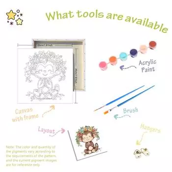 RUOPOTY Рамка Diy Paint By Numbers Beginner Kits Мультяшные животные Обезьяна Handcrafts Легко рисовать на холсте Для подарка своими руками 20x20cm with frame