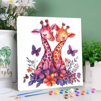 RUOPOTY Рамка Краска По Номерам Мультяшные Животные Жираф Легко Рисовать На Холсте Акриловые Поделки Картина Для Сделай Сам Подарок 20x20cm with frame