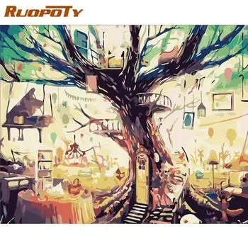 RUOPOTY Рамка Пейзаж Фэнтезийное дерево Diy Картина по номерам Акриловая Настенная картина по номерам Ручная роспись маслом