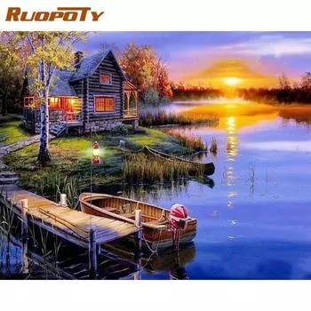 RUOPOTY Рамка с озером, пейзаж, сделай сам, картина по номерам, современное настенное искусство, ручная роспись, картина маслом для уникального подарка, домашний декор 40x50CM NO Frame