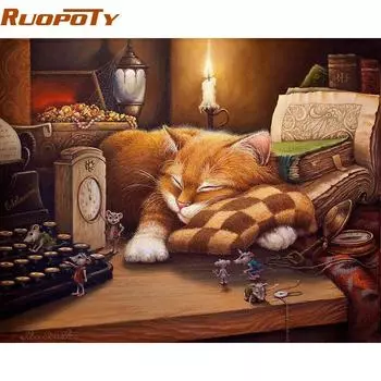 RUOPOTY рамка Sleep Cat DIY картина по номерам животные ручная роспись картина краска по номерам подарок для домашнего декора