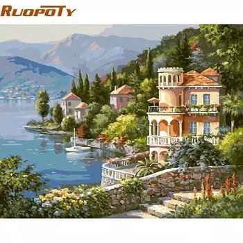 RUOPOTY Рамка Замок DIY Набор для рисования по номерам Ручная роспись маслом Настенная картина Украшение дома 40x50 см Уникальный подарок 40x50CM NO Frame