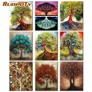 Ruopoty Раскраска по номерам Дерево Пейзаж Настенное искусство Ручная роспись Уникальный подарок Краска по номерам Сезон Детская комната Декор 40x50cm NO Frame