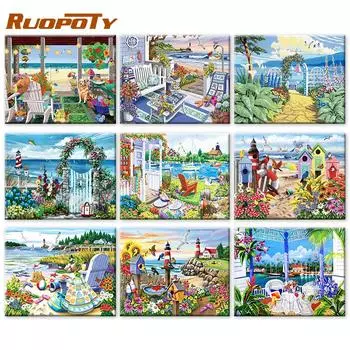 RUOPOTY раскраска по номерам садовый пейзаж на холсте уникальный подарок акриловая картина по номерам Приморский для гостиной