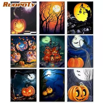 Ruopoty раскраска по номеру Хэллоуин пейзаж настенное искусство уникальный подарок акриловый домашний декор ручная роспись тыква картина 40x50cm NO Frame