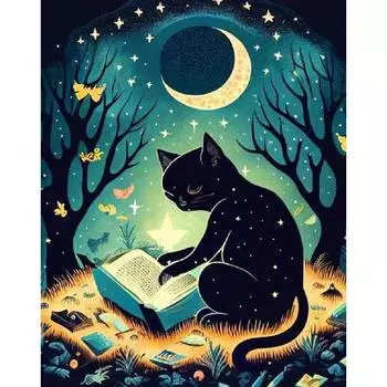 Ruopoty, современная краска по номерам, подарки своими руками, черный кот в ночи, рисунок с цифрами для взрослых, поделки своими руками, настенный декор