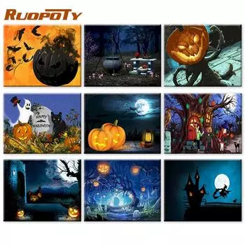 Ruopotyраскраска по номеру тыква пейзаж настенное искусство уникальный подарок акриловое украшение для дома ручная роспись картина на Хэллоуин 40x50 см 40x50cm NO Frame