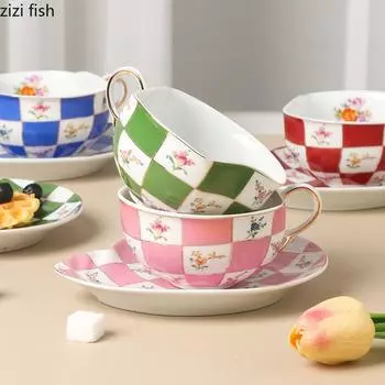 Rural Style Flower Ceramic Mug Retro Grid Coffee Cup and Saucer English Afternoon Tea Flower Tea Cup Breakfast Cups Water Cups 201-300ml синий